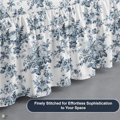 Cottington Lane Ruffled Bed Skirt Queen Size with Split Corner, Brushed Microfiber Hotel Quality Dust Ruffle, 15 Inch Drop Gathered Bedskirt, Soft, Stylish, Shrink & Fade Resistant, Blue Floral Bliss