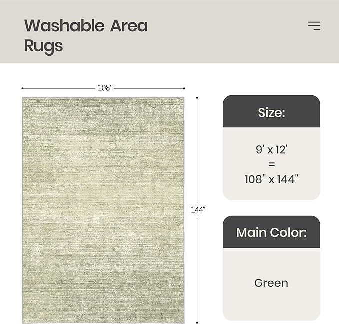 Valenrug Washable Rug 9x12 - Stain Resistant Area Rugs 9x12 Living Room, Non Slip Backing Printed Rugs for Bedroom, Folable Machine Washable Area Rug (Green, 9'x12')