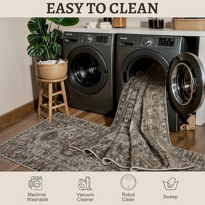 Tangsoo 2x6 Washable Runner Rug for Hallways, Non Slip Vintage Runner Rug, Soft Low Pile Long Rug Runner, Print Distressed Carpet Runners for Kitchen Bedroom Entryway Bathroom Living Room Grey