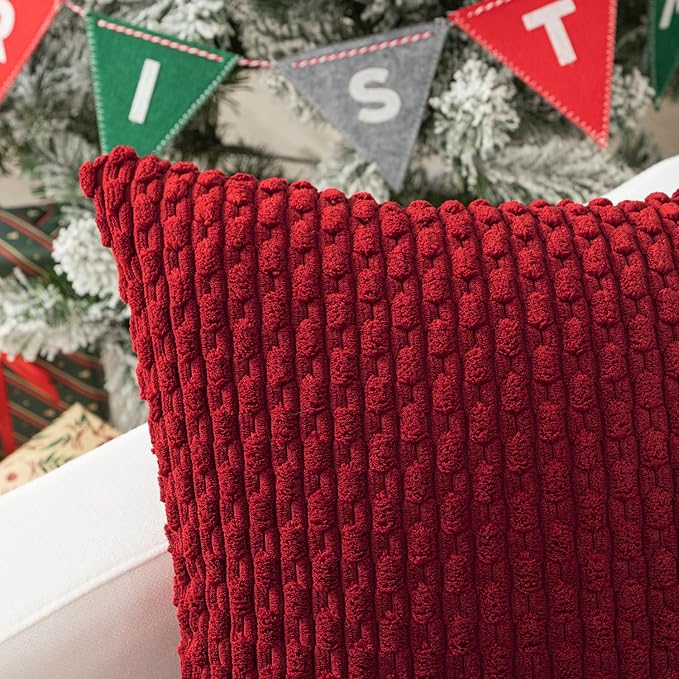 Kevin Textile 12x20 Inch Pillow Cover 1 Pack Boho Christmas Decorative Soft Striped Corduroy Lumbar Farmhouse Color Accent Rectangle Cushion Case for Living Room Couch Sofa Bed, Burgundy