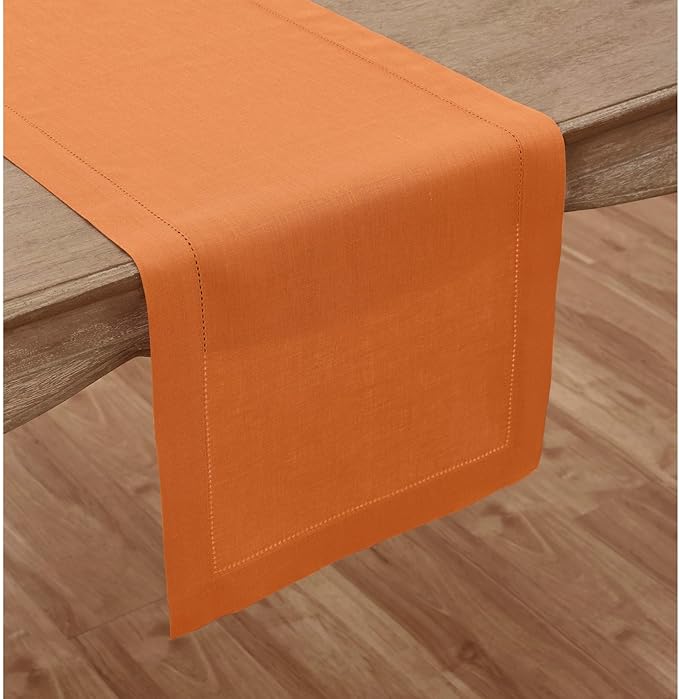 Solino Home Linen Hemstitch Table Runner 108 Inches Long - 100% Pure Linen Pumpkin Table Runner 14 x 108 Inch for Holiday - Classic Hemstitch