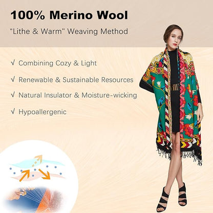 DANA XU 100% Merino Wool Pashmina Shawl for Women 96"x43", Oversized Cashmere Wrap with Tassels, Floral Travel Blanket Cape