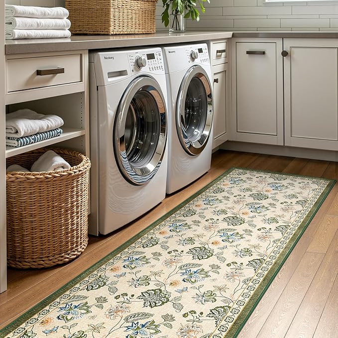 jinchan Elora 3x10 Floral Runner Rug for Hallway Washable Runner Vintage Romance Christmas Design Non Slip Thin Indoor Floor Cover Low-Profile Throw Carpet for Entryway Bathroom Porch, Green/Beige