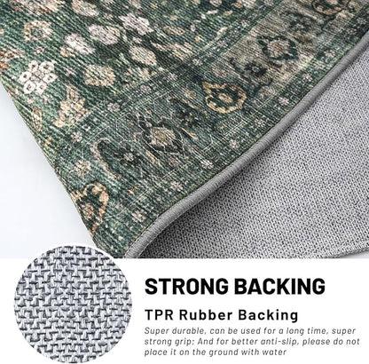 KUTA 3x5 Rugs for Entryway, Vintage Floral Dark Green Area Rug Washable Non-Slip Ultra Thin Soft Printed Distressed Entry Low-Pile Throw Carpet for Bedroom Nursery Living Room