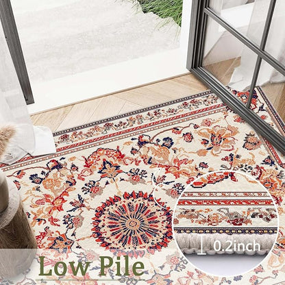 6x9 Traditional Oriental Area Rug Boho Orange White Rug Non Slip Low Pile Large Carpet for Home Kitchen Living Room Bedroom Dining Room Office