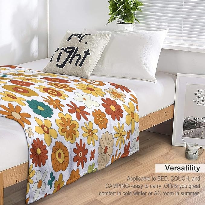 Vintage Hippie Floral Blanket, 70s Boho Abstract Yellow Orange Flowers Funny Print Throw Blanket for Holiday Theme Home Decor Bedding Couch 40"x50"
