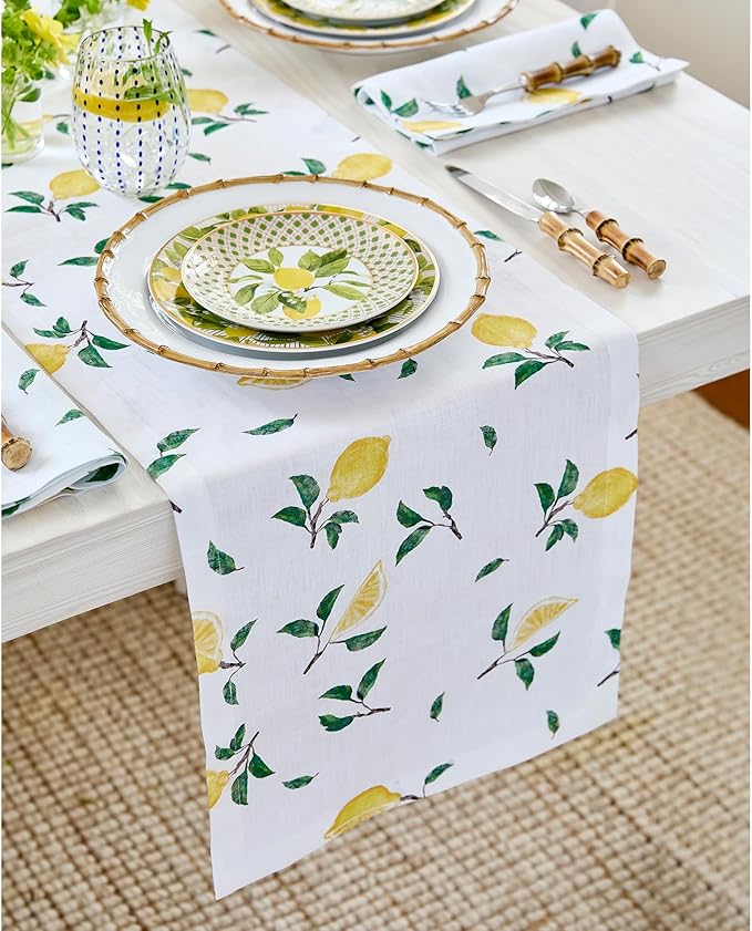 Solino Home Lemon Print Table Runner 72 Inches Long - 100% Pure Linen Table Runner 14 x 72 Inch - Machine Washable - Botanical Lemon/White Print
