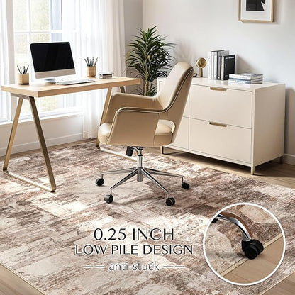 Abstract Living Room Rug 6x9 - Modern Washable Soft Thin Area Rug for Living Room Bedroom Under Dining Table - Neutral Indoor Floor Rug Carpets for Home Office Playroom Nursery - Brown