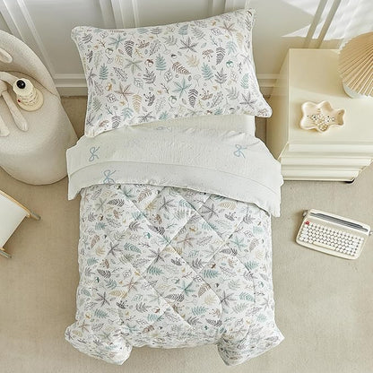 JHXHMX 4 Pieces Toddler Bedding Set for Girls,Leaves Pattern Toddler Comforter Set,Soft Crib Bed Set Including Comforter,Sheets and Pillowcase-Leaf