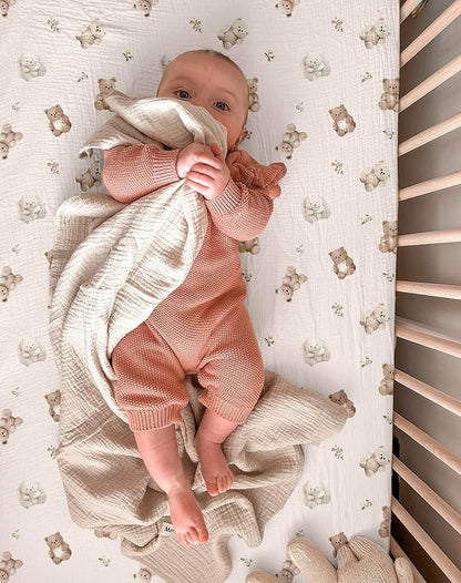 Bassinet Sheet for Baby Boy and Girl 2 Pack, Fitted Sheets for Rectangle, Oval, Hourglass Bassinet Mattress, Muslin Moses Basket Sheets with Neutral Style (Teddy & Friends)