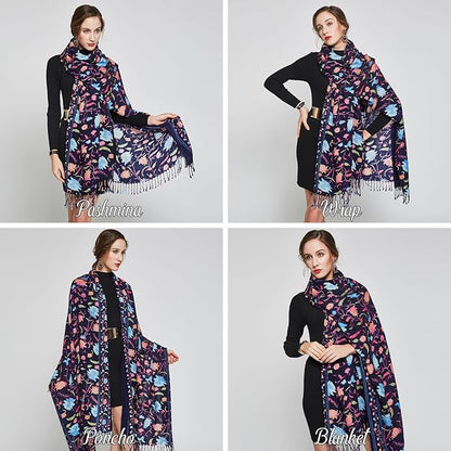 DANA XU 100% Merino Wool Extra Large Pashmina Blanket Travel Scarf Cashmere Wrap for Women Fall Winter Oversize Shawl Floral