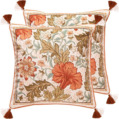 Throw Pillow Covers Pack of 2,Orange Floral Farmhouse with Wild Flowers Pattern Cozy Velvet Pillowcases,Decoration Square Pillows Cushion Covers for Couch Sofa Bed Car Chair,18"x18"