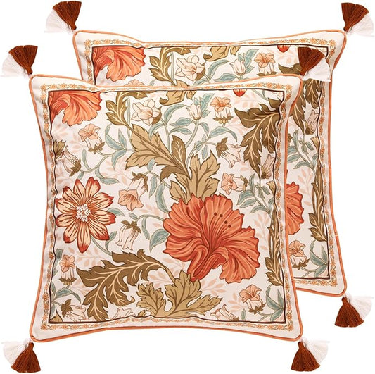 Throw Pillow Covers Pack of 2,Orange Floral Farmhouse with Wild Flowers Pattern Cozy Velvet Pillowcases,Decoration Square Pillows Cushion Covers for Couch Sofa Bed Car Chair,18"x18"