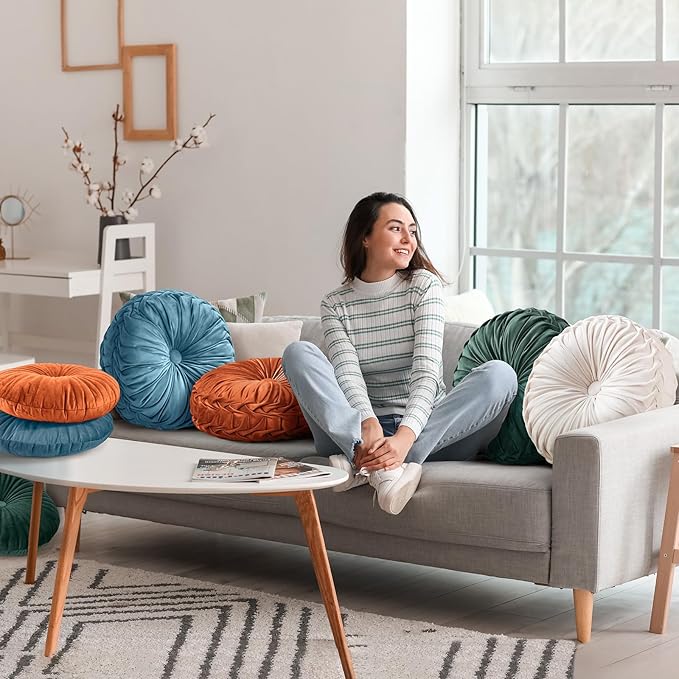 2 Pcs Round Throw Pillows Pleated Velvet Pumpkin Round Pillows Floor Cushion for Living Room Couch Chair Bed Sofa 15.7"x15.7"/13.8" x 13.8" (Blush)