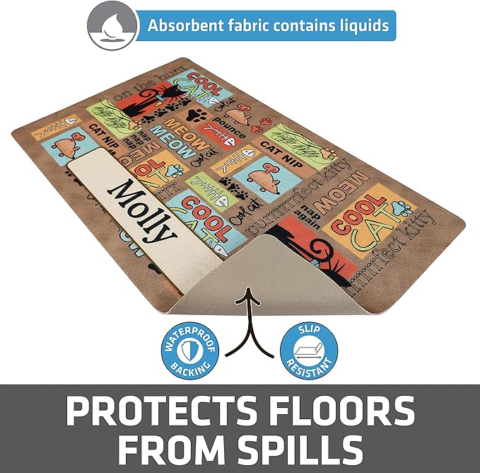 Drymate Personalized Pet Bowl Placemat, Custom Dog & Cat Food Feeding Mat - Absorbent Fabric, Waterproof Backing - Machine Washable/Durable (USA Made) (12" x 20") (Cool Cat - Brown)
