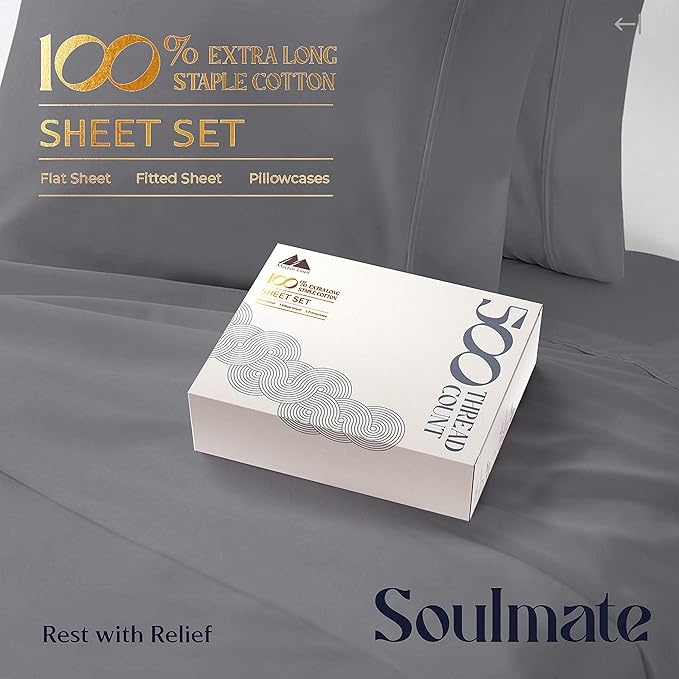 Mayfair Linen 100% Cotton Bed Sheets Queen Sheet Set - 500 Thread Count Sheets Queen Size 4 PC Set (Dark Grey), Soft, Cooling, Hotel-Quality 16" Deep Pocket Sateen Cotton Bedsheet for Hot Sleepers