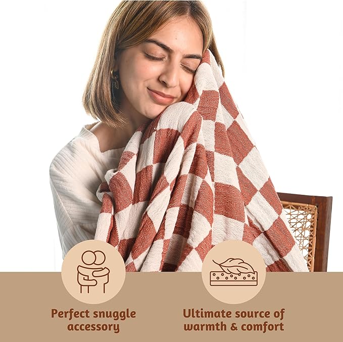 Folkulture 100% Cotton Throw Blanket, Rust Checks, 50x60in, Soft, Lightweight, Travel, Napping, All Seasons, Machine Wash