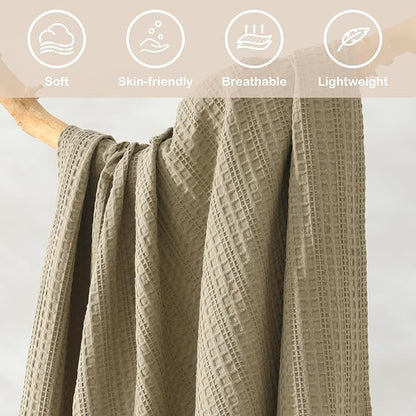 100% Cotton Waffle Blanket with Fringe, Pre-Washed Waffle Weave Blanket for All Season, Lightweight Breathable Soft Cozy Throw Blanket for Couch, Bed, Travel (Sage Green - 50x60 Inches)