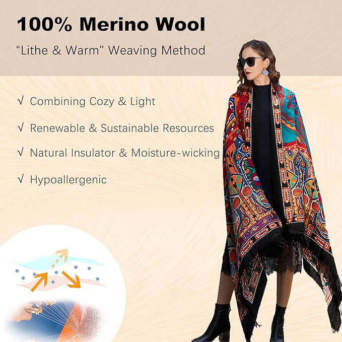 DANA XU 100% Merino Wool Extra Large Pashmina Blanket Travel Scarf Cashmere Wrap for Women Fall Winter Oversize Shawl Floral