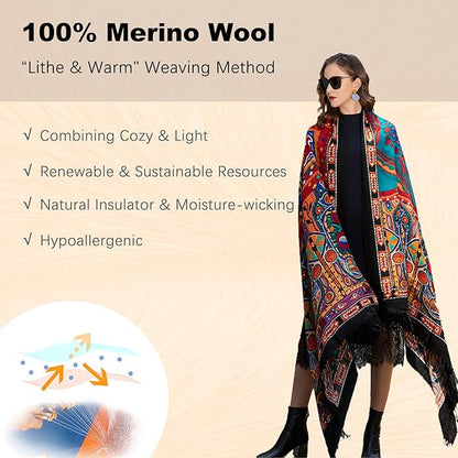 DANA XU 100% Merino Wool Extra Large Pashmina Blanket Travel Scarf Cashmere Wrap for Women Fall Winter Oversize Shawl Floral