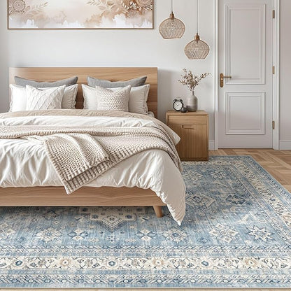 Vintage Living Room Area Rug 6x9 - Large Soft Washable Oriental Traditional Distressed Farmhouse Rugs for Bedroom - Indoor Floor Accent Carpet for Home Office House Decor - Blue