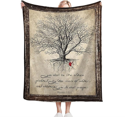 Christian Bible Tree of Life Throw Blanket - Religious Gifts and Decor for Women Men Adults - Soft Warm Cozy Fleece for Couch Sofa Bed 60"x50"