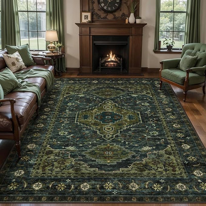 Tangsoo 6x9 Area Rug Washable Rug for Living Room, Vintage Indoor Non Slip Large Area Rugs, Print Distressed Carpet, Soft Low Pile Foldable Floor Rug for Bedroom Dining Room Dorm Olive Green