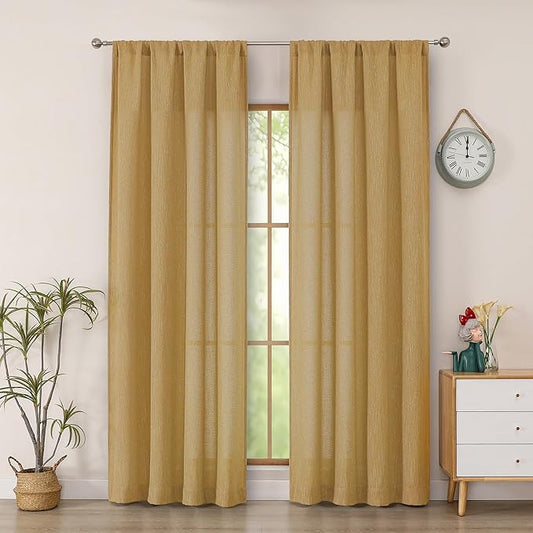 Simplebrand Gold Faux Linen Textured Semi Sheer Curtains 72 Inches Long 2 Panels Set, Light Filtering Privacy Farmhouse Curtains, Soft Window Drapes Rod Pocket Top for French Door, Bedroom, 40W x 72L