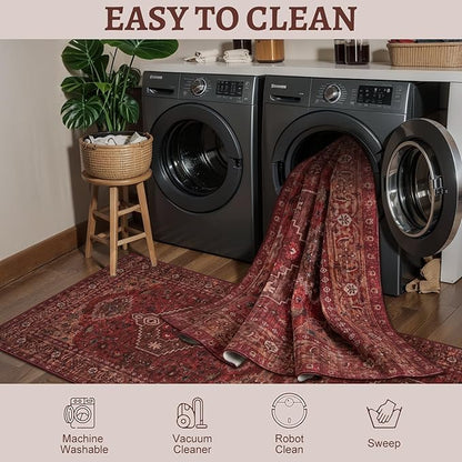 Tangsoo 2.6x10 Washable Hallway Runner Rug, Non Slip Vintage Runner Rug for Hallways, Soft Low Pile Long Rug Runner, Print Distressed Carpet Runners for Kitchen Bedroom Entryway Living Room Dark Red