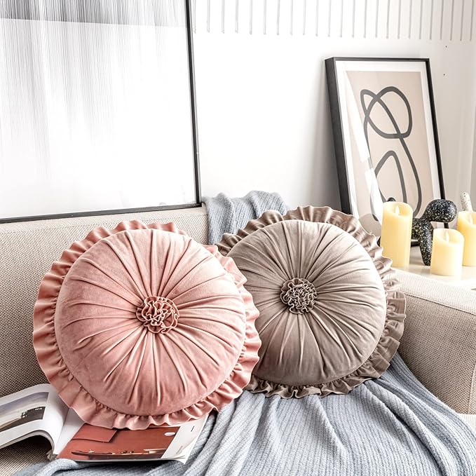 S SSOY Velvet Ruffle Pillow - Round, Plush, Home Decor for Sofa, Chair, Bed, Window, Floor - 13.7in