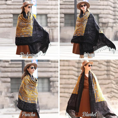 DANA XU 100% Merino Wool Extra Large Pashmina Blanket Travel Scarf Cashmere Wrap for Women Fall Winter Oversize Shawl Floral