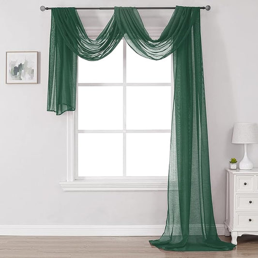 DONREN Dark Hunter Green Sheer Window Valance - Christmas Decor Luxury Soft Semi-Sheer Scarf for Window Wedding Arch Curtains (1 Panel, 52 x 216 Inch Length)