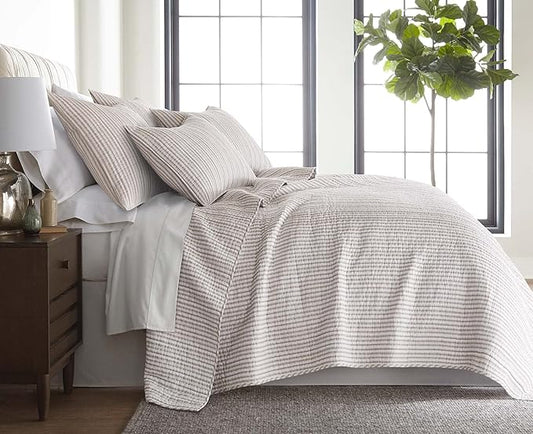 Levtex Home Tobago Stripe Taupe Reversible Twin XL/Twin Quilt Set (68x86in) with 1 Pillow Sham (26x20in) - Striped - Taupe, White - Cotton Twin Size Quilt Bedding Set - Lightweight, Soft, Pre-Washed