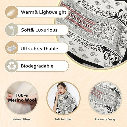 DANA XU 100% Merino Wool Extra Large Pashmina Blanket Travel Scarf Cashmere Wrap for Women Fall Winter Oversize Shawl Floral