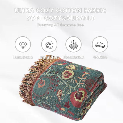 MSGKV Cotton Bed Blanket for Couch and Sofa Blankets for Living Room Bedroom Reversable Florals Throw 90"x98" Breathable Cozy Boho Blankets