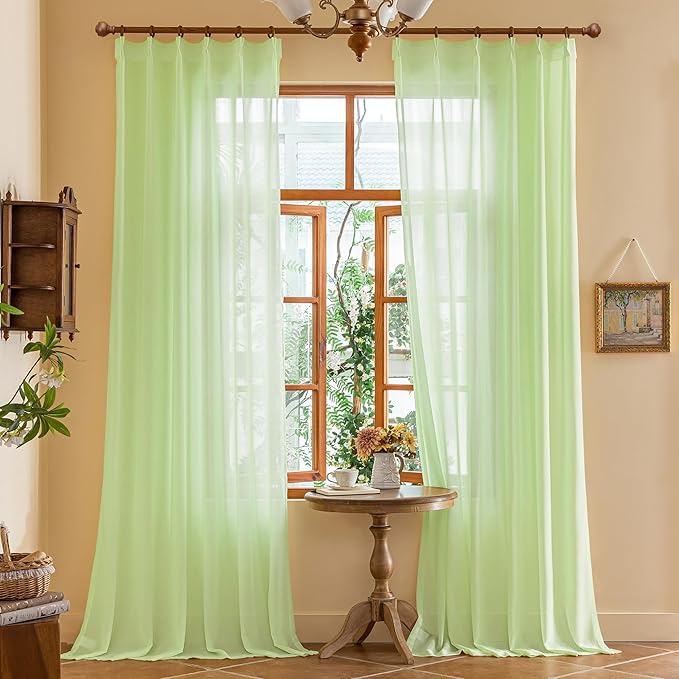 Green Pinch Pleat Sheer Curtains 84 Inches Long for Bedroom Tree Branch Soft Touch Light Filtering 84 Inch Pleated Drapes with Ajustable Hooks for Living Room, Reed Green, 42"W x 84"L, 2 Panels