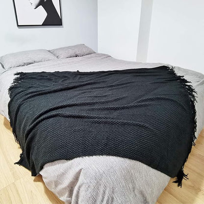 LOMAO Knitted Throw Blanket with Tassels Bubble Textured Lightweight Throws for Couch Cover Home Decor (Black, 50x60)