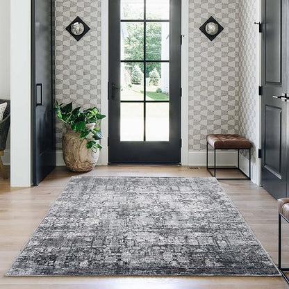 Area Rug 3×5, Vintage Boho Rug,Ultra-Soft Low Pile, Washable, Non Slip,Stain Resistant Printed Carpet for Living Room Bedrooms Playroom Office Kitchen, Dark Stone