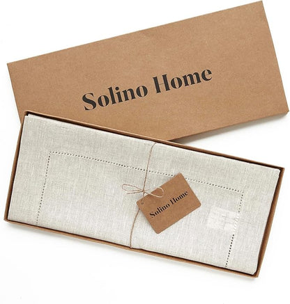 Solino Home Linen Hemstitch Table Runner 120 Inches Long - 100% Pure Linen Light Natural Table Runner 14 x 120 Inch - Classic Hemstitch