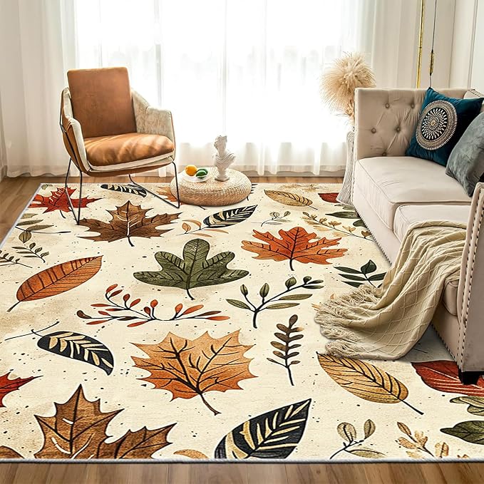 9CH Fall Leaves Area Rug 7' X 5' Brown Cute Botanical Soft Faux Wool Carpet Non-Slip Easy-Cleaning Boho Rugs for Living Room, Bedroom, Kitchen