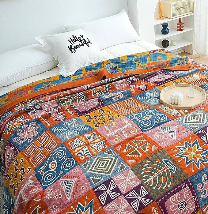 Cotton Throw Boho Blanket for Couch Bed,Cotton Quilted Boho 80''x90'' Muslin Blankets Travel Mexican Super Soft Blanket