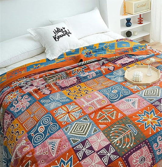 Cotton Throw Boho Blanket for Couch Bed,Cotton Quilted Boho 80''x90'' Muslin Blankets Travel Mexican Super Soft Blanket