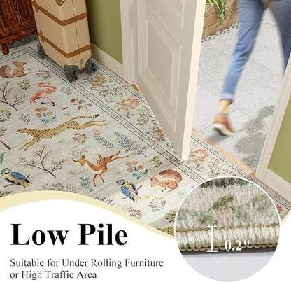 DUKINO 5x7 Rug, Washable Animal Living Room Rug with Non Slip Vintage Design, Soft Low Pile Large Carpet for Bedroom, Nursery, Dining Room, Farmhouse, Playroom, White
