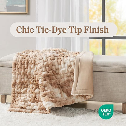 Madison Park Faux Fur Throw, Luxurious Ruched Texture, Fuzzy Warm, Plush Mink-Like Reverse, All Season, Lightweight & Cozy Blanket-Throw for Sofa, Couch, Living Room & Office 50" x 60" Tan Tie Dye