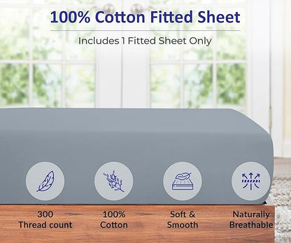 ROYALE LINENS 300 Thread Count 100% Long Staple Combed Cotton Fitted Sheet Twin - Super Soft Deep Pocket Bottom Sheet - Fitted Sheets Only - Elastic Sheets (Twin, Lake Blue)