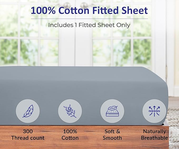 ROYALE LINENS 300 Thread Count 100% Long Staple Combed Cotton Fitted Sheet California King - Super Soft Deep Pocket Bottom Sheet - Fitted Sheets Only - Elastic Sheets (Cal King, Lake Blue)