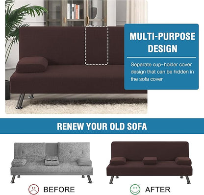 H.VERSAILTEX 4 Pieces Stretch Futon Covers Sofa Bed Slipcover with Removable Armrests and Cupholders Covers Furniture Protector High Spandex Small Checks Jacquard Fabric, Chocolate