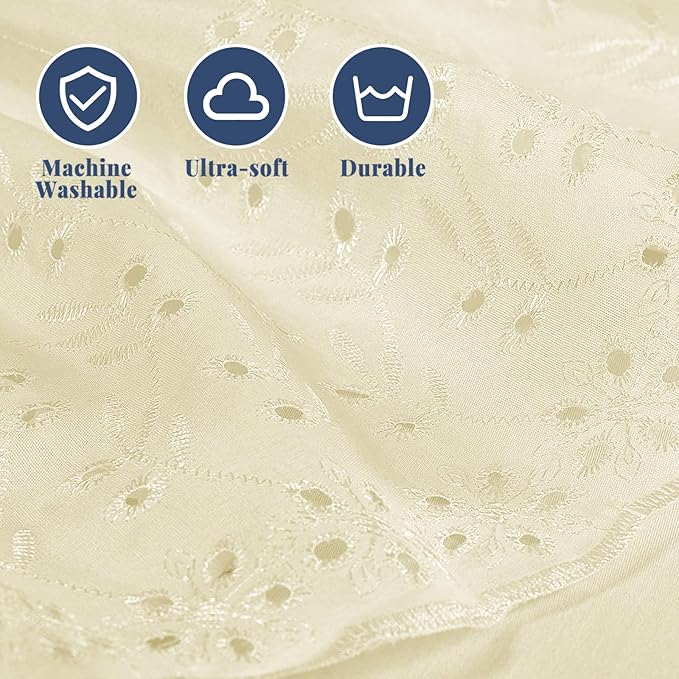 Queen Bed Skirt, Wrap-Around Elastic Ruffled Eyelet Bed Skirt Queen Size Dust Ruffle with Gathered Styling and Embroidered Details, 14" Drop Length (Light Yellow)