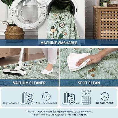 GarveeHome 8x10 Washable Floral Area Rugs for Living Room: Modern Floral Non Slip Large Area Rugs for Bedroom, Large Machine Washable Living Room Low Pile Carpet with Non-Slip Backing Green 8'x10'.