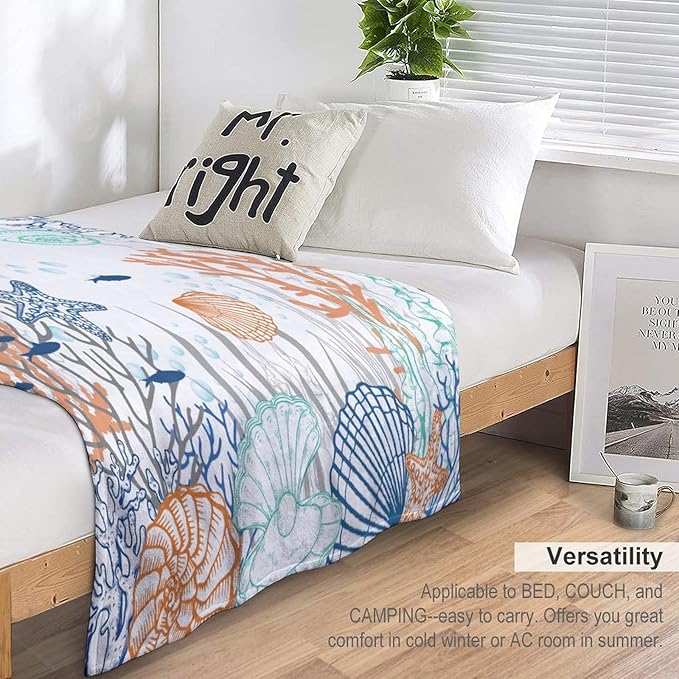 Nautical Coastal Blanket, Starfish Seashell Coral Beach Themed Drapes Ocean Orange Blue Teal Conch Print Throw Blankets for Sofa Couch Bed Room Birthday Decor, 40"x50"
